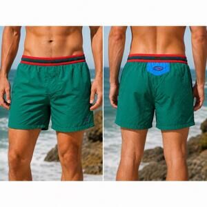 Vintage OP Ocean Pacific Swim Trunks Mens L Green Red Retro 90s Beach Shorts